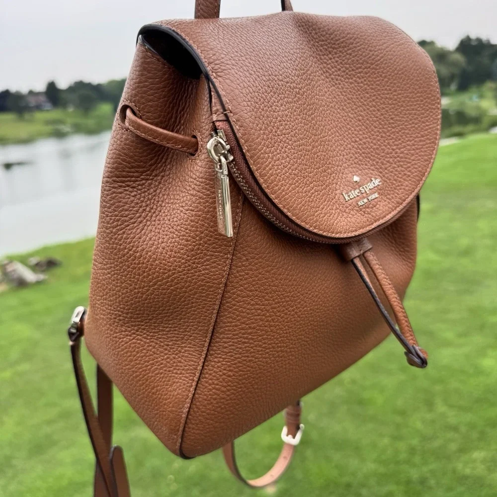 Kate Spade New York Brown Pebbled Drawstring Backpack ~ Pouch Zip Pocket